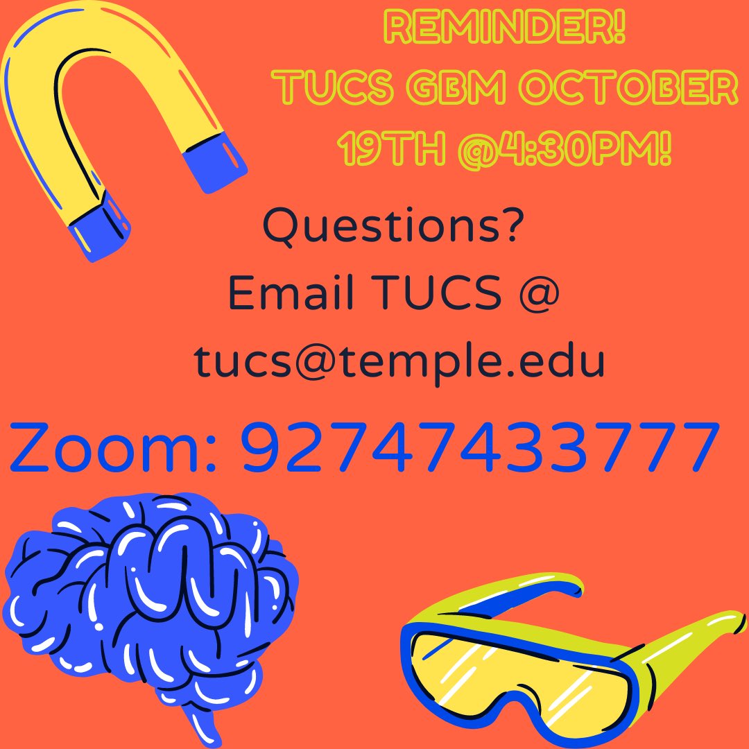 Hey TUCS members! TUCS is having their second GBM tomorrow at 4:30pm! The zoom code is 92747433777, come hang with us! If you have any questions email TUCS at tucs@temple.edu!