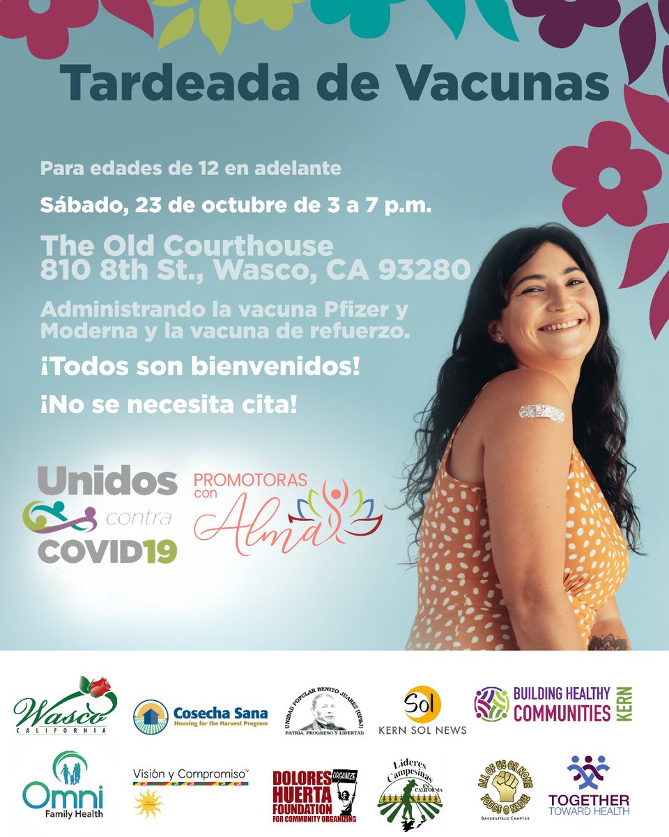 DoloresHuertaFD's tweet photo. #CentralValley Peeps! The time is now to get your #COVIDVaccine. If you or someone you know is missing their chance to get #vaccinated, send them this post! For more information, visit https://t.co/9r6Y2LVsvE https://t.co/w2YqfAuYJi