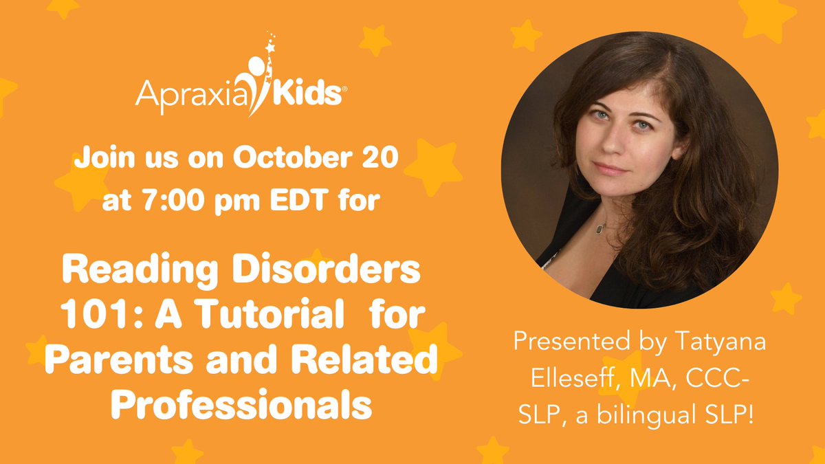 Apraxia_KIDS's tweet photo. Join us on 10/20 at 7:00 pm ET for a Facebook Live titled “Reading Disorders 101: A Tutorial for Parents and Related Professionals” This session will be presented by Tatyana Elleseff, MA, CCC-SLP, and provide an overview of #readingdisorders.
Follow us: https://t.co/INLcOkL4lU https://t.co/LkQdgzXelm