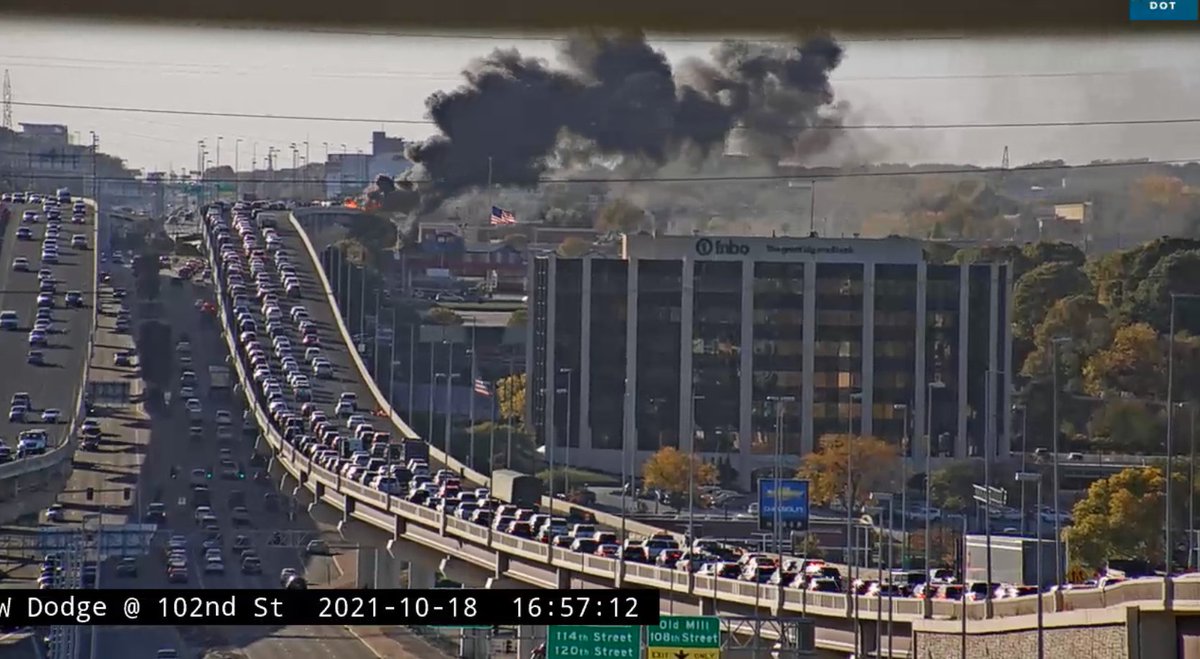 NDOTomaha's tweet photo. #Omaha 
Vehicle fire @ 120th &amp; WB Dodge. Right lane blocked. Expect long delays. Use alt route. Use lower Dodge https://t.co/esMZM4SBa0