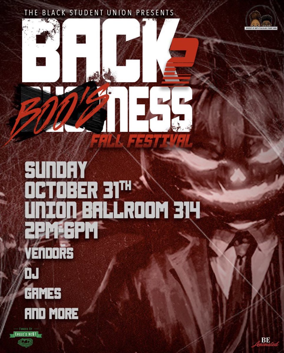 untBSU's tweet photo. Presenting … 
Back 2 BOOness Fall Festival 👻  

Come out and support a local black business while vibing to a spooky mix brought to you by a few of UNT’s livest Djs 🎧

Don’t forget to bring out the hardest fits and come network ‼️

Sunday, October 31st 2pm-6pm 🚨 https://t.co/voepIYOocx