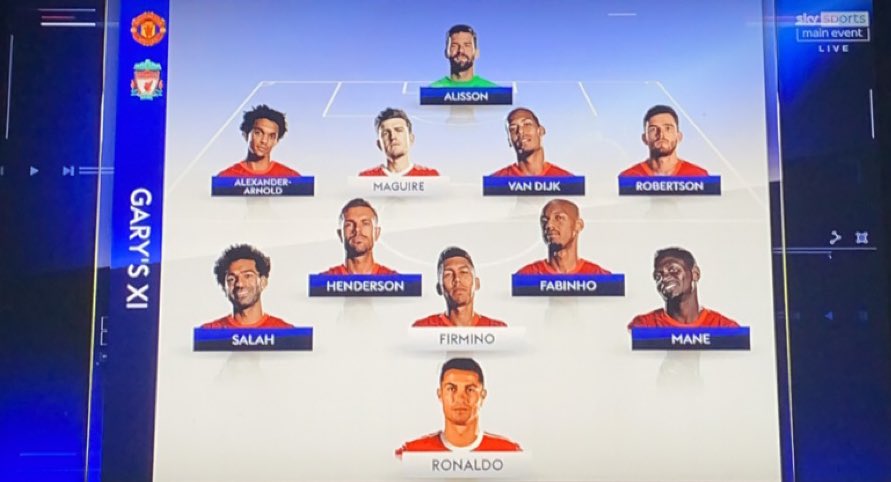 Watch_LFC's tweet photo. Gary Neville picks Firmino over Bruno Fernandes in his combined LFC / United 11. 

“I refuse to disrespect Firmino. He’s been top class for 3/4 years. His pressing, goals, assists and defensive work is out of this world.” https://t.co/iTrMUy7J7O