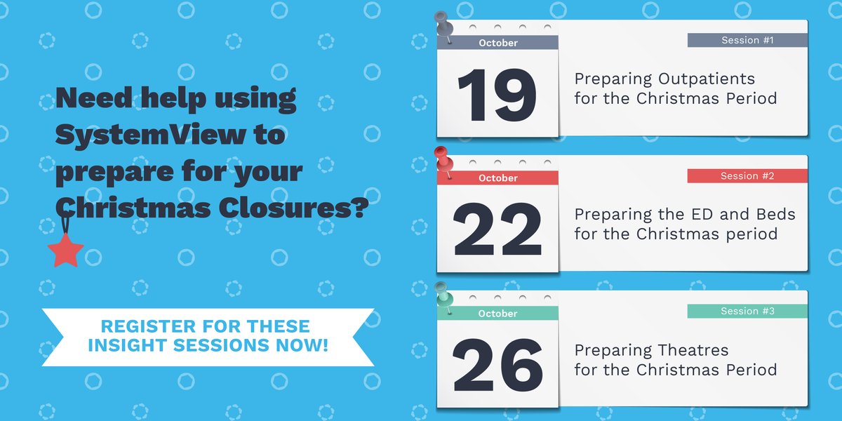 AskSystemView's tweet image. Our senior clinical engagement leaders are running three insight sessions in October to assist you with preparing for Christmas closures at your hospital.

You don&apos;t want to miss this! Register here: hubs.ly/H0ZCpTV0

#systemviewsuccess #asksystemview #christmasclosures