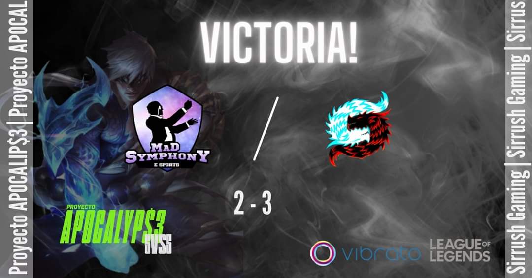 #SirrushGamingBlack | TORNEO APOCALYP$3

El dia de ayer ganamos la serie contra <a href="/mad_symphony/">Mad Symphony Esports</a>  teniendo como marcador  un 2- 3 en el Torneo 5 vs 5 APOCALYP$3 organizado por <a href="/TILTARMY/">TiltArmy</a>

Y agradeciendo el patrocinio de Vibrato Instituto de Música
📍facebook.com/vibrato.instit…

#GoSRG