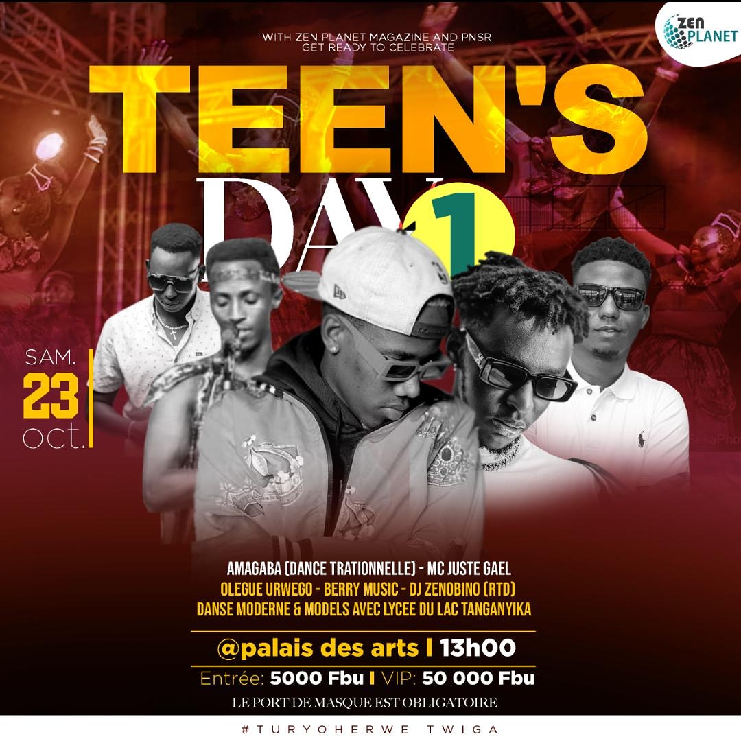 ZenplanetMag's tweet photo. En partenariat avec PNSR, @ZenplanetMag organise "Teen's day" 1ère édition, un événement pour les ados ce samedi le 23 Octobre 2021 au palais des Arts à partir de 13h.Des artistes:@BerryMusic7,@g_olegue, Troupe amagaba, @Dj_Zenobino seront au rendez-vous
#Teenday
#Burundi https://t.co/vTDqa5hxFS