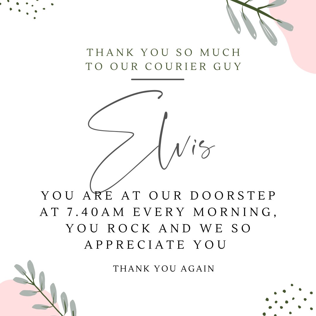 Thank you so much to our courier guy " E L V I S " you 
R O C K !! 👍 you are at our door step at 7.40am every morning ad we are so grateful, 
T H A N K    Y O U 🌟 we appreciate you!

#elvis #aramex #thankyou #appreciationpost #australiawide #shopping #freight #shippingcompany