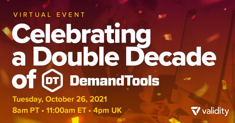 TrustValidity's tweet image. We’re just ONE WEEK AWAY from our virtual event celebrating a double decade of #DemandTools where we’ll be joined by a special CELEBRITY GUEST! Any guesses on who it might be? Register now and find out on October 26th: bit.ly/2Z6bLNZ #data