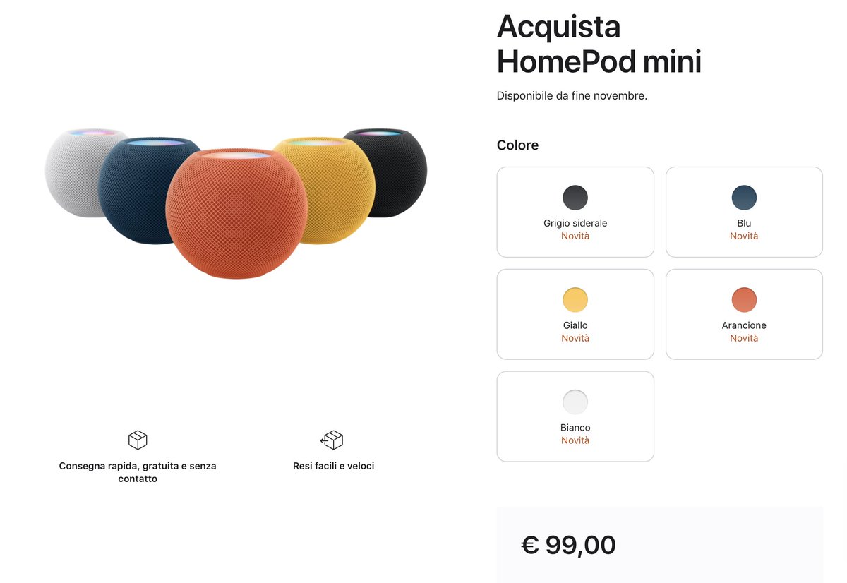 #HomePodmini in Italia da fine novembre in 5 diverse colorazioni #AppleEvent