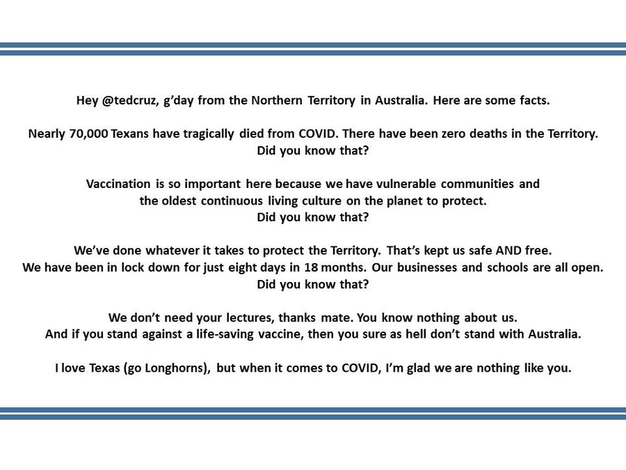 This is how you tell Ted Cruz to fuck off in Australian, courtesy of <a href="/fanniebay/">Michael Gunner</a>, Northern Territory Chief Minister.