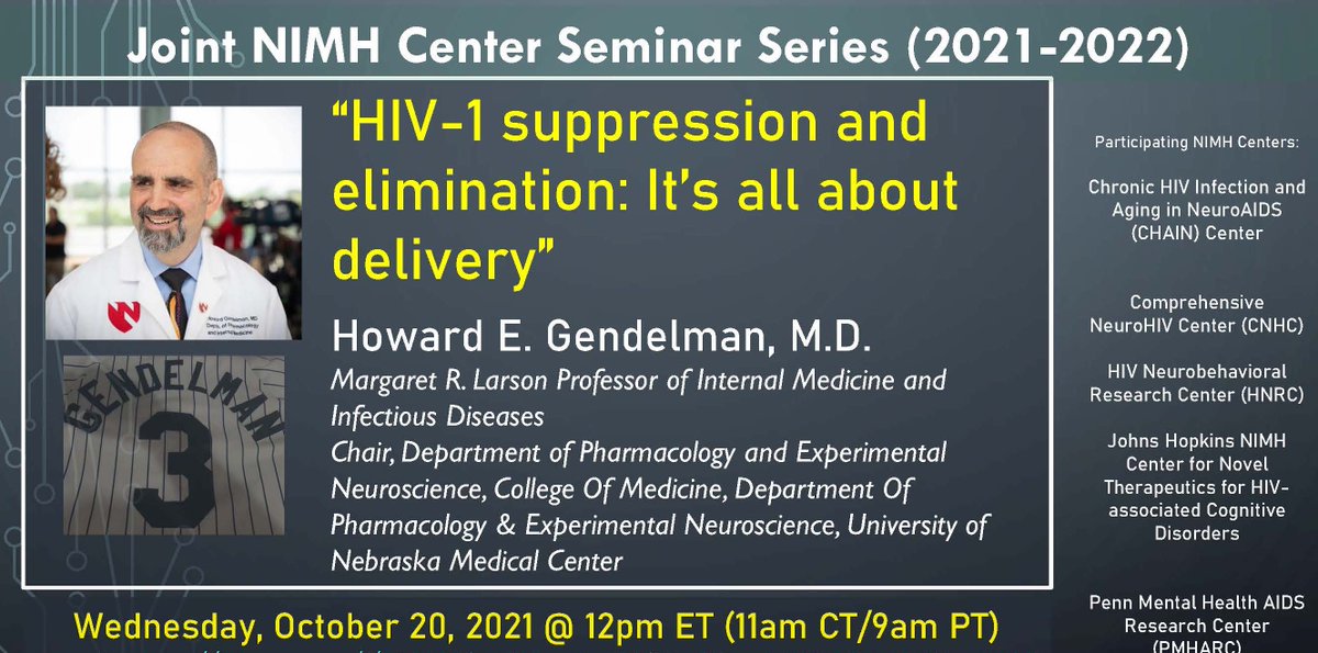 UNMC_HIV's tweet photo. Dr Howard Gendelman @UNMC_HIV @UNMCCOM will speak on "#HIV #suppression and #elimination: It's all about #delivery" in the Joint #NIMH Center Seminar Series this Wed Oct 20th at 11AM CST. @NIMHgov @HopkinsMedicine @templemedschool @UCSD_HIV @Drexel_IMMID @DrexelMedicine https://t.co/hySNL11fuF