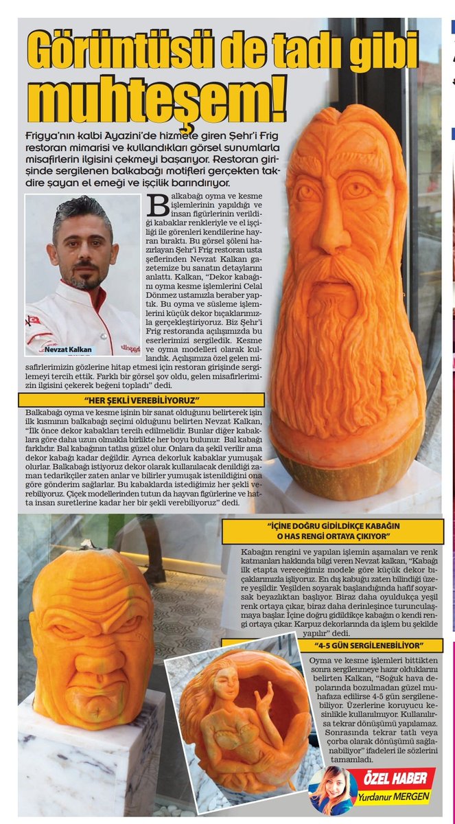 Şehr’i Frig Restoran girişinde sergilenen balkabakları gerçekten takdire şayan el
emeği ve işçilik barındırıyor. Bu görsel
şöleni hazırlayan usta şeflerden Nevzat Kalkan gazetemize bu sanatın detaylarını anlattı. (Özel) <a href="/AfyonValiligi/">T.C. Afyonkarahisar Valiliği</a> <a href="/gokmen_cicek/">Gökmen_Can_Çiçek</a> <a href="/AsgSuleyman/">Süleyman Aşgın</a> #gizemlisehir