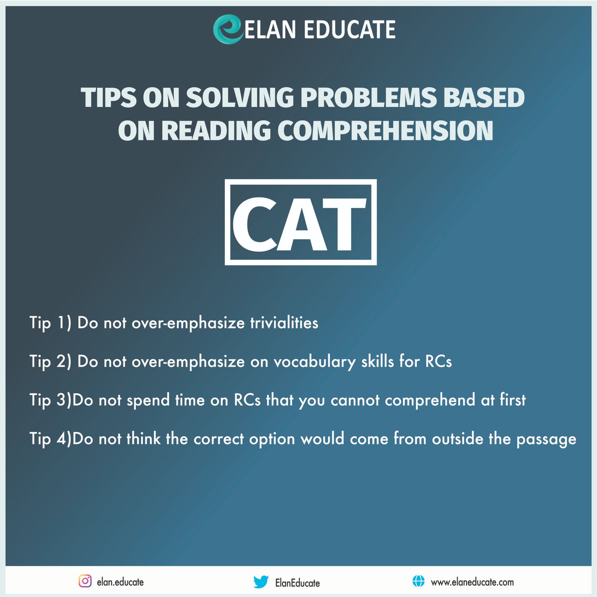 ElanEducate's tweet image. Everybody is a genius.
We present you some tips and tricks for R.C s to make your preparation smart!
Enroll with Elan Educate
For more details, call us at 855 000 9988 or visit elaneducate.com

#catexampreparation #catexamstips #catexam #catexam2020 #catexampattern #mba