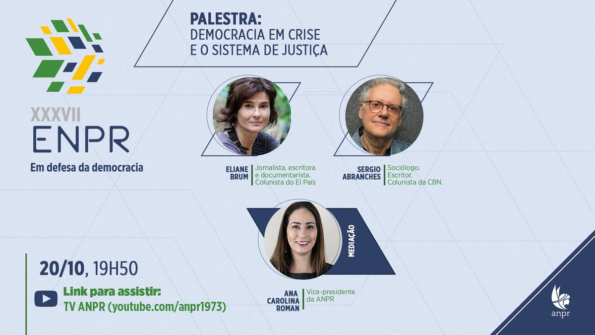 ANPR_Brasil's tweet photo. O primeiro painel do 37º ENPR trará palestras com o tema "Democracia em crise e o sistema de Justiça", com a jornalista @brumelianebrum e o sociólogo @abranches. O encontro está marcado para quarta (20), a partir das 19h50. Acompanhe tudo, ao vivo, pela TV ANPR, no YouTube.
#ENPR https://t.co/jJ3dnBh38Z