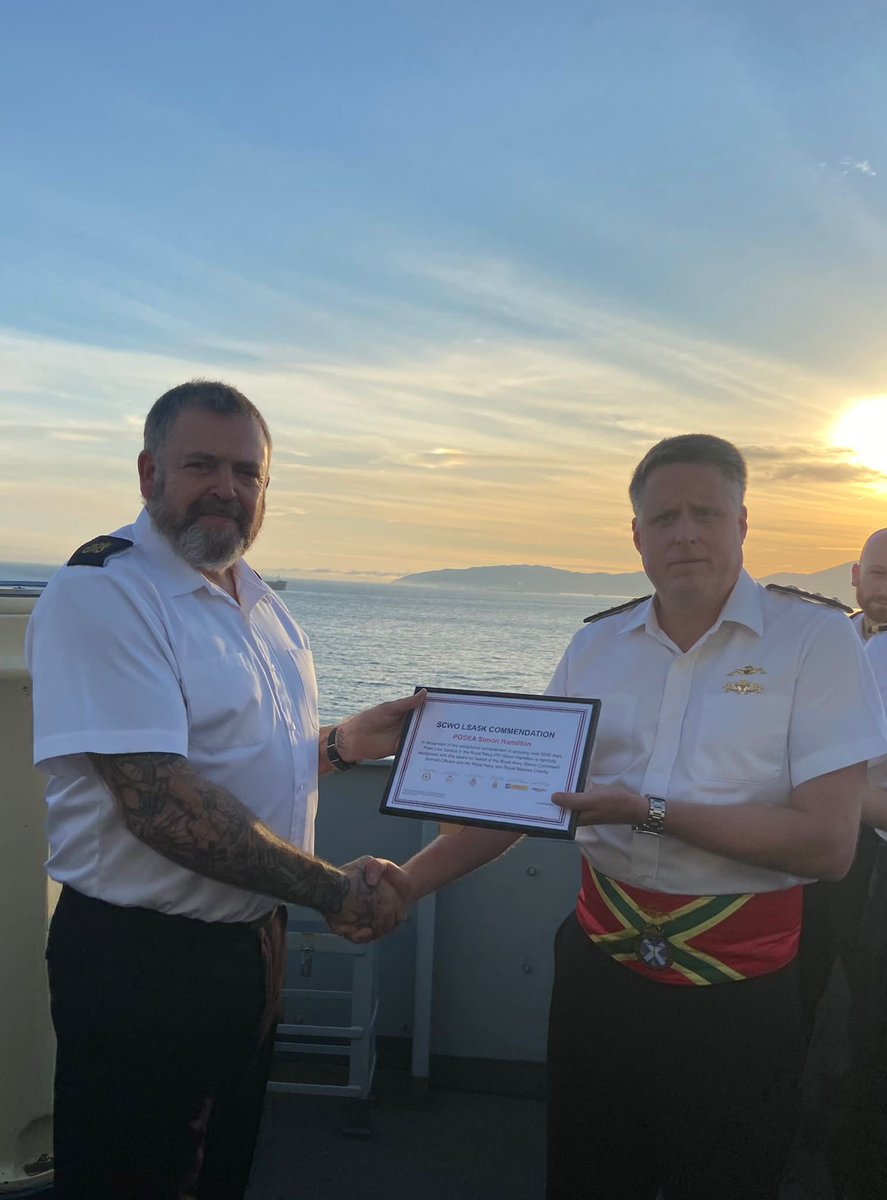 VAdmSAsquith's tweet photo. Fantastic to be able to recognise the commitment of 2 outstanding characters onboard @HMSScottRN. #AlwaysBeASailor @CDRETNEILD @fightingsailor @WO1MickTurnbull @WOCarlSteedman @WO1IanWilson @VAdmAndrewBurns https://t.co/2XlIfvVbgF