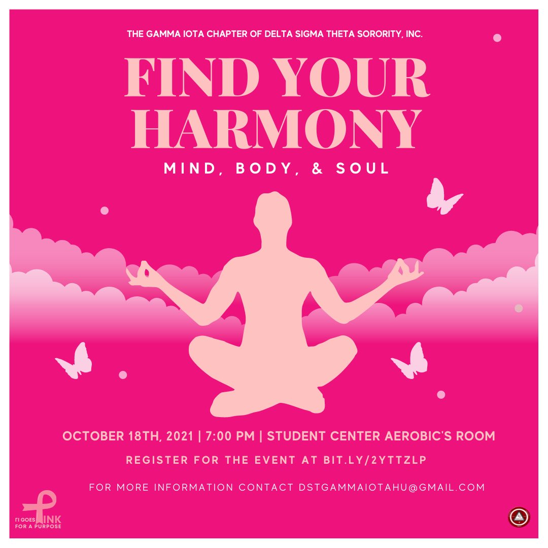 GammaIDST's tweet photo. The ladies of the Gamma Iota Chapter of Delta Sigma Theta Sorority, Inc. invite you to find your harmony through mind, body, and soul. Join us in the student center aerobics room at 7:00 PM for a yoga session. Register for tonight's event by clicking the link in our bio! https://t.co/ckVF4JuWE1
