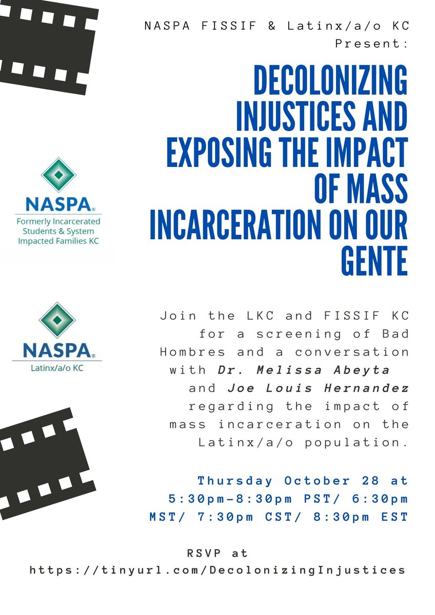 MelissaAbeyta's tweet photo. Join the @tweetinglavoz &amp; @NASPA_FISSIF_KC Knowledge Community as we cohost “Decolonizing Injustices and Exposing the Impact of Mass Incarceration on Our Gente.”

Register online at: https://t.co/U1yOsFdNlr https://t.co/93FmpHqGi6