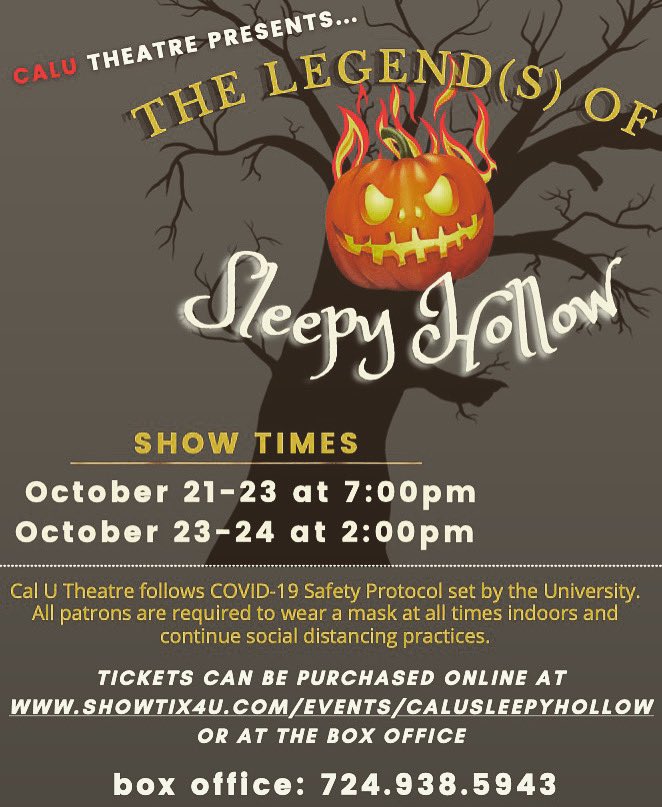 🎃THIS WEEKEND🎃

“The Legend(s) of Sleepy Hollow,” directed by JP Staszel, featuring First Year and Transfer students.

The show was written by Jonathan Josephson, adapted from “The Legend of Sleepy Hollow” by Washington Irving.

The box office is open from 1-3pm, M-F!