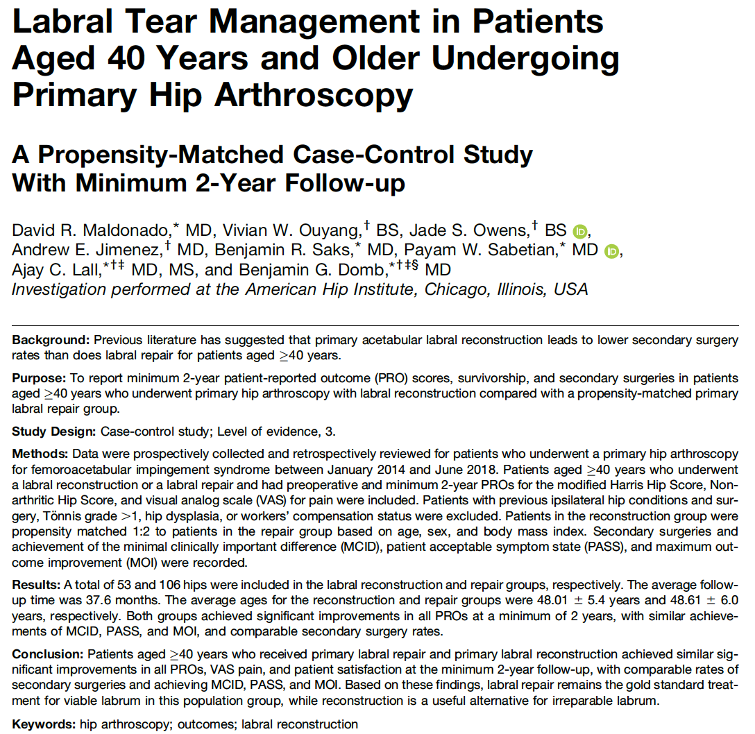 MaldonadoMD_'s tweet photo. Based on the findings of our new study, #labralrepair remains the gold standard treatment for viable
labrum for patients>40-y, while #labralreconstruction is
a useful alternative for irreparable #labraltears
#FAI #Hiparthroscopy
https://t.co/LSjaaHw6mr https://t.co/tO7D2riKJg