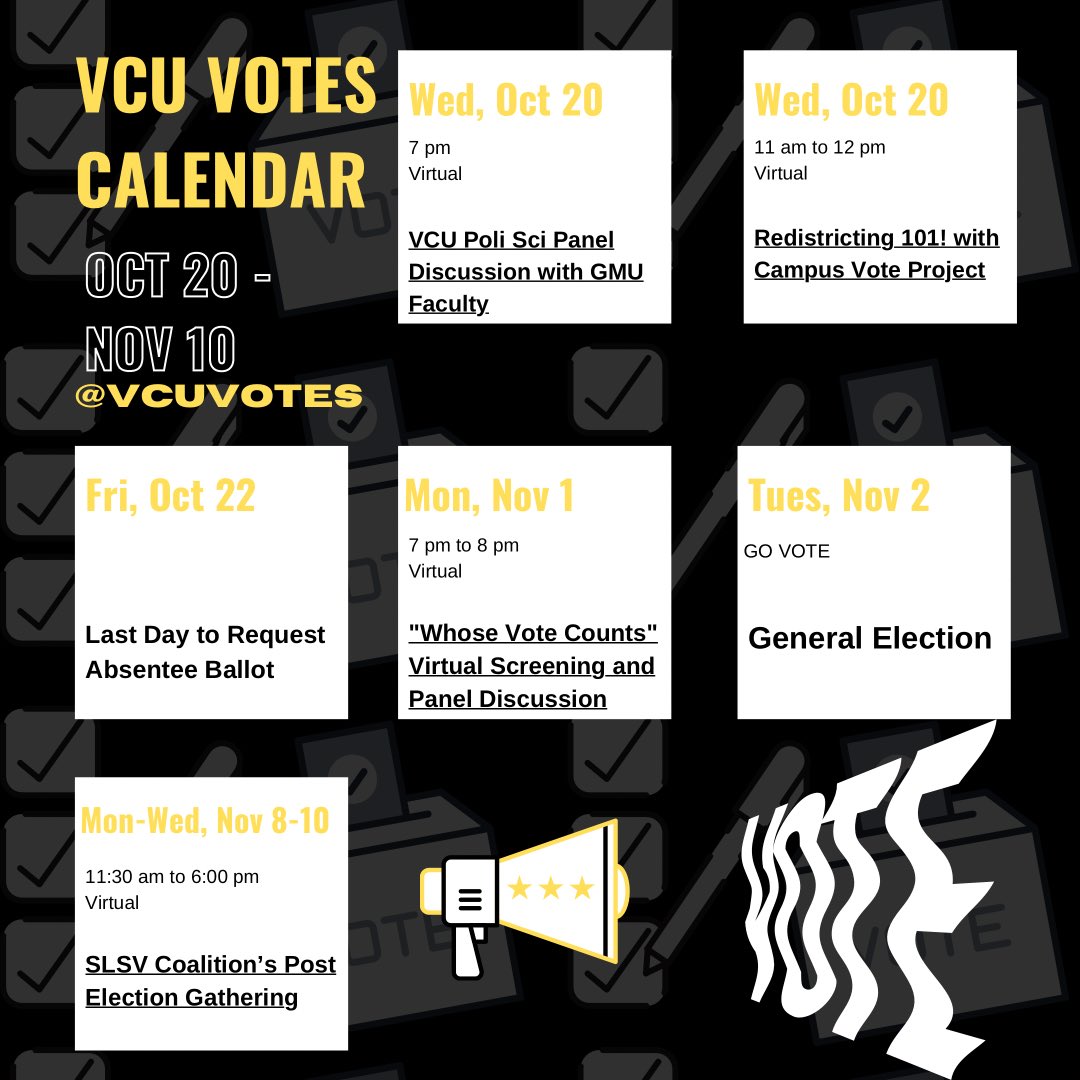 vcuvotes's tweet photo. VOTING EVENTS! #vcuvotes
This week: https://t.co/oS12UEBQ3k