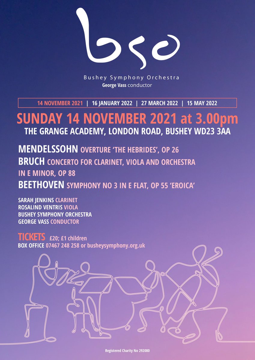 BusheySO's tweet photo. Hurrah! @BusheySO's first concert of the season now on sale. Sunday 14 November at 3pm – Mendelssohn 'Hebrides' Overture, Bruch Double Concerto with superb soloists @S_F_Jenkins and @rosalindventris and the mighty Beethoven 'Eroica' Symphony.
Book online - https://t.co/jm1ot767cH https://t.co/tEZRGCT1aE
