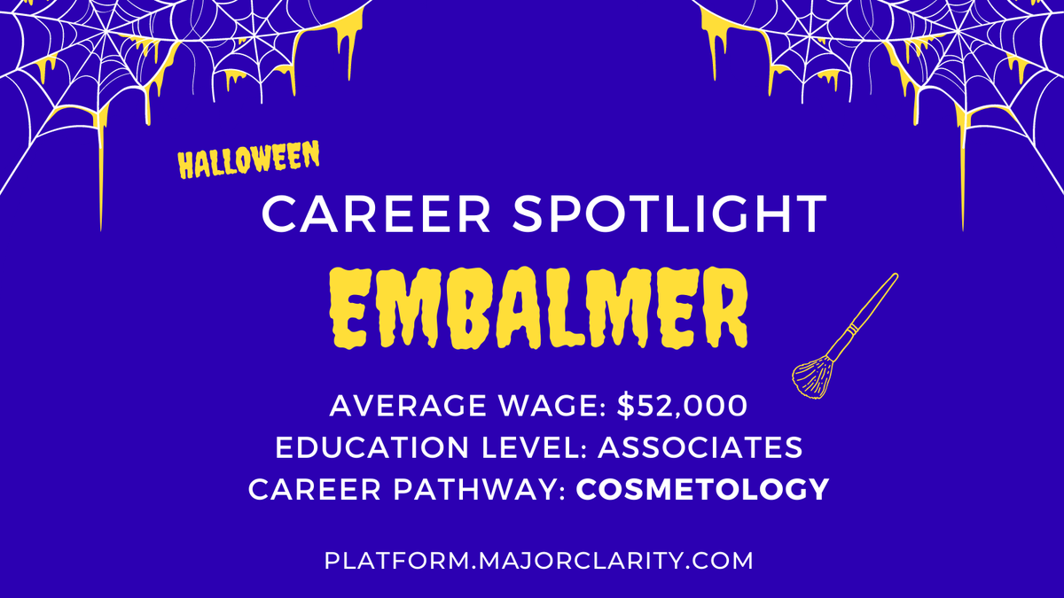 MajorClarity's tweet image. It's #SpookySeason! In celebration, we're shining a spotlight on careers in the platform for those who love things that go bump in the night.

First up: embalmers - found in the #cosmetology career pathway.
🎃 What other careers do you associate with Halloween? 🎃