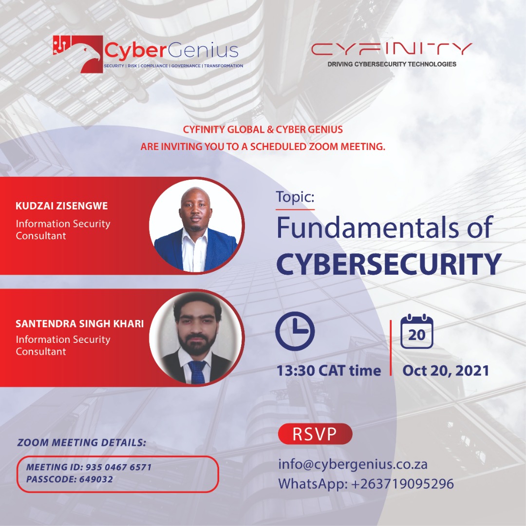 mkomazice's tweet photo. Cyfinity Global & #CyberGenius are inviting you to a scheduled Zoom meeting.
Topic: Fundamentals Of #CyberSecurity
Wednesday Oct 20, 2021 13:30 CAT
Join Zoom Meeting
https://t.co/5SbH3P8ERk
Meeting ID: 935 0467 6571
Passcode: 649032 https://t.co/oaYY3tvkqY