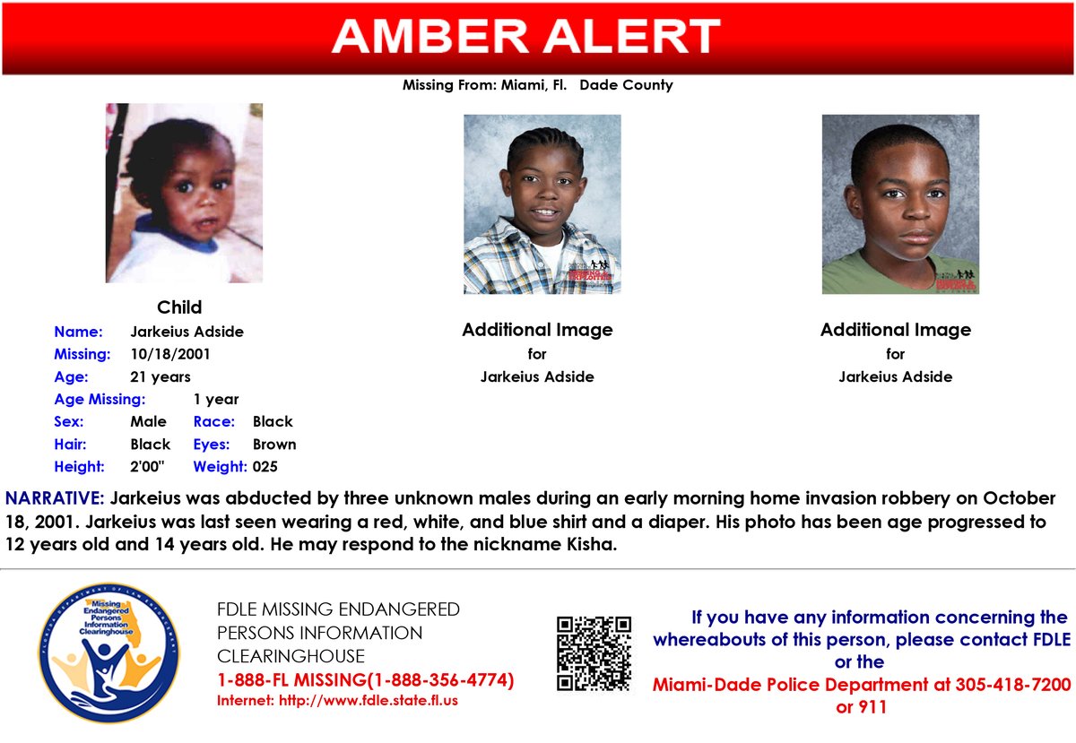 There is a steadfast FL AMBER Alert for Jarkeius Adside. We will never abandon the search for missing children. Pls share & if you have any information concerning Jarkeius, pls contact FDLE or Miami-Dade PD 305-418-7200 or 911. 
#MissingMonday #missingchildren #FloridaMissing