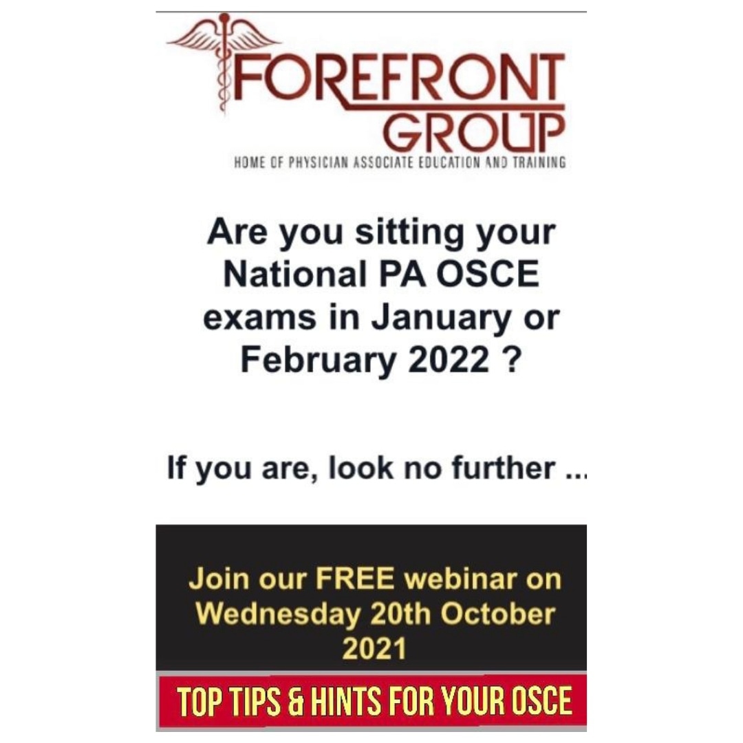 ForefrontgrpPA's tweet image. Last 5 spaces up for grabs!!!!
'An expert's guide on how to excel at the National PA OSCEs.' 

Wednesday 20th October 2021 at 7pm via Zoom.

To register your place please click on the link below

eventbrite.co.uk/e/an-experts-g…
