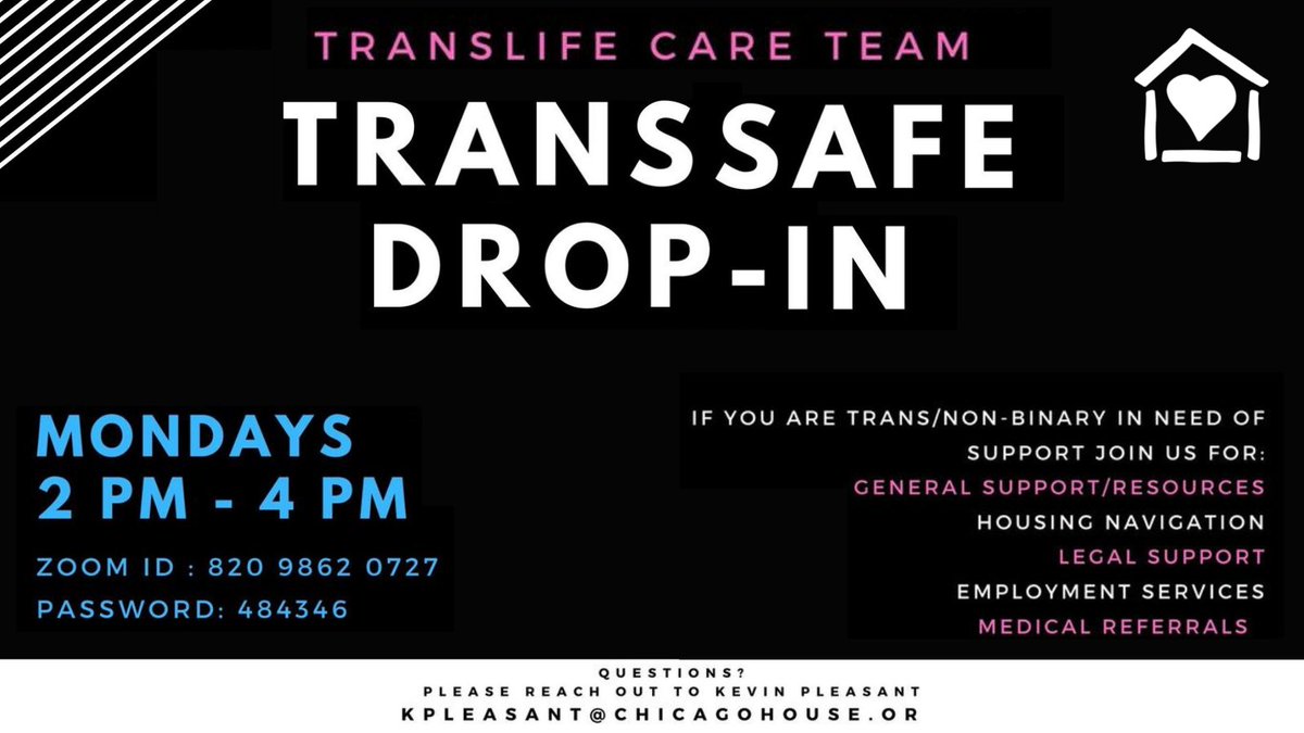 ChicagoHouseTLC's tweet photo. Our virtual TransSafe drop-in is back today from 2:00 - 4:00 PM. Get connected to our TransLife Care team for free, affirming transgender/gender nonconforming support services and resource referrals. https://t.co/YTPF2RTdKZ