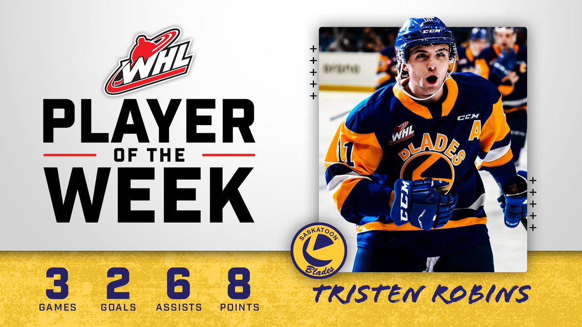 TheWHL's tweet photo. After recording eight points in three @BladesHockey games, @SanJoseSharks prospect Tristen Robins has been named the WHL Player of the Week!

📰 | https://t.co/n3psX0A0dG https://t.co/VvpRASRBNf