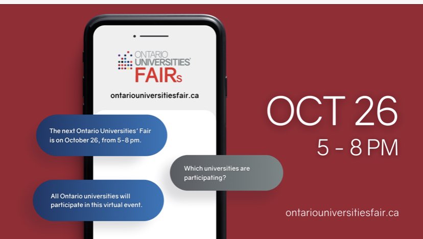 TLKGuidance's tweet image. Get to know all of Ontario’s universities at the virtual Ontario Universities’ Fair – OUF on Tuesday, October 26! Attend virtual sessions from 5 to 8 pm. Visit: ontariouniversitiesfair.ca. #OUF2021 @TLKLife