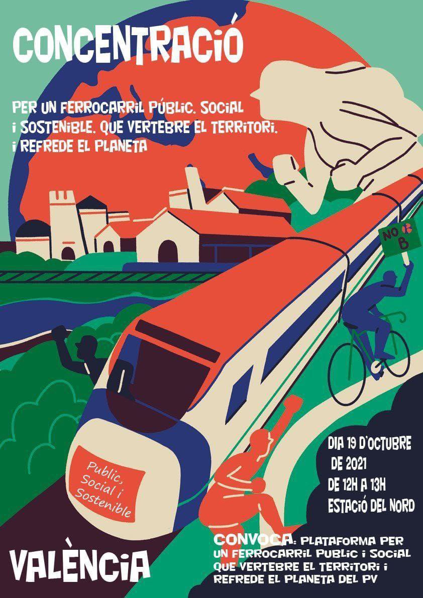 📢CONCENTRACIÓ a #València.

🗣️Per un ferrocarril públic, social i sostenible que vertebre el territori i refrede el planeta!🚞♻️ 

📆Demà, dimarts 19 d'octubre.
🕛De 12 a 13 hores.
📍Estació del Nord de València.

✊Defensem el territori!