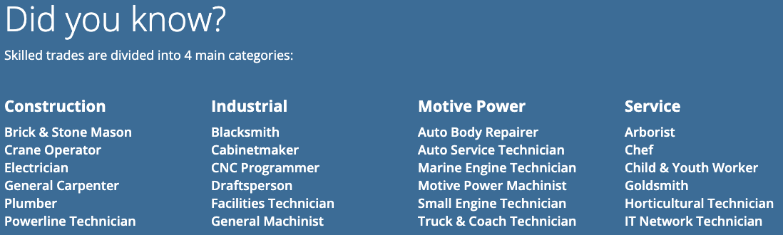 ONTSpecialNeeds's tweet photo. #SkilledTrades are divided into 4 main categories.  There are so many options! https://t.co/s5CxidlER1