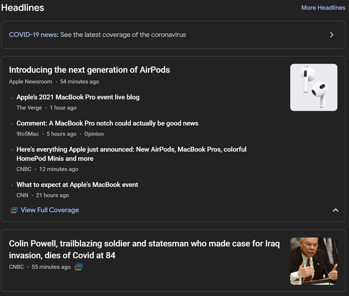 kjacobi's tweet photo. Death of Colin Powell just eclipsed by new AirPods https://t.co/5ErJf1Hjkk
