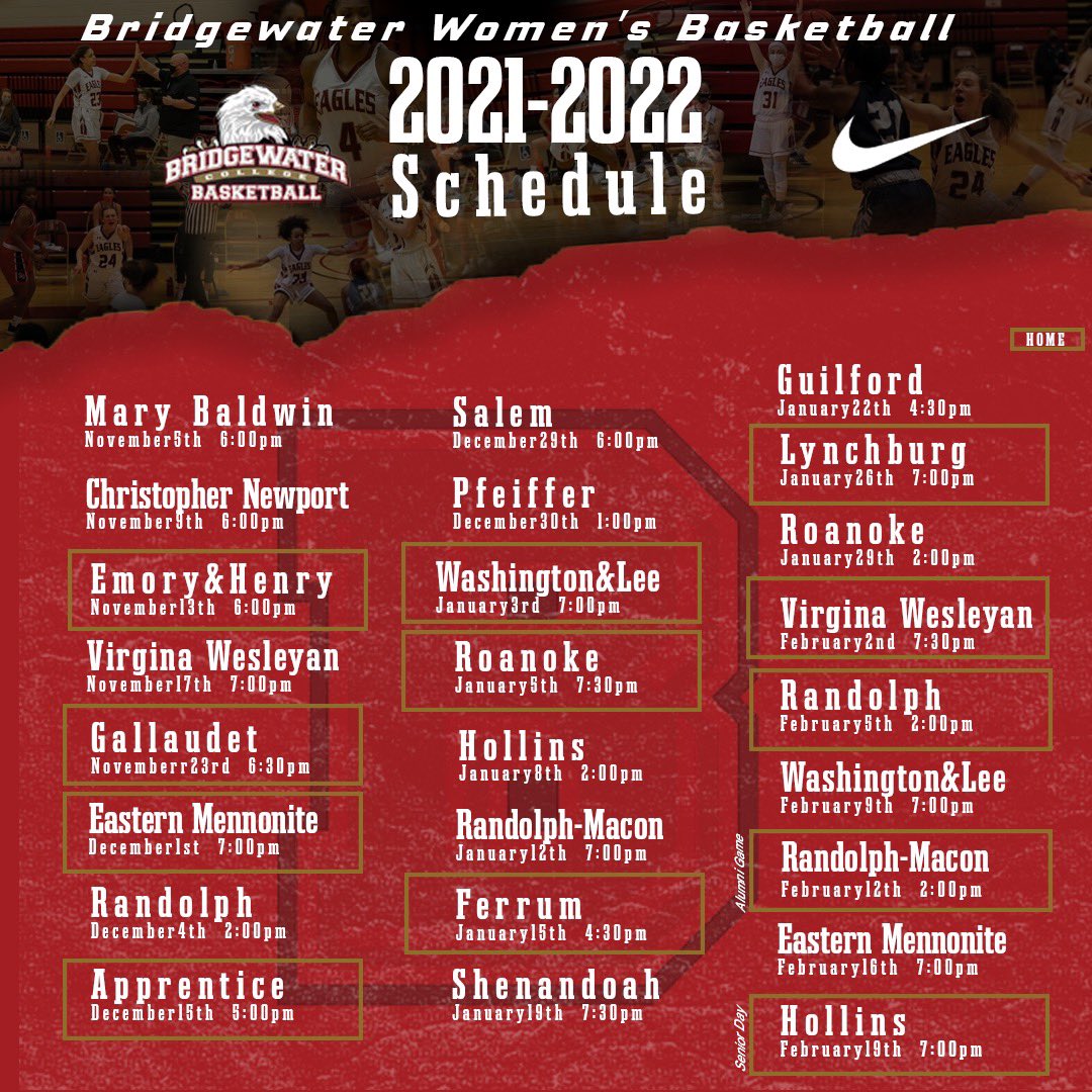 BridgewaterWBB's tweet photo. Your Bridgewater Womenโs Basketball 2021-2022 Schedule ๐ฅ
Make sure you come out and support your lady eagles this year the stands are OPEN and we are ready for some fans !!
#AttackTheODAC #BCWBB #goforgold #bleedcrimson #nike #bridgewater #odac https://t.co/jRJDqv2Oyf