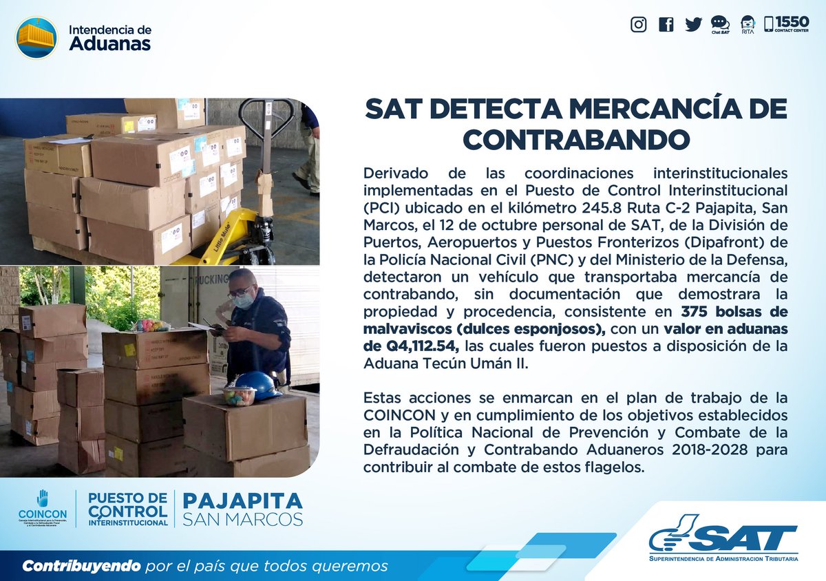 CanalAntigua's tweet photo. SAT decomisa mercancía de contrabando en el Puesto de Control Interinstitucional de Pajapita, San Marcos, valorada en Q4,112.54. https://t.co/m012niALBU