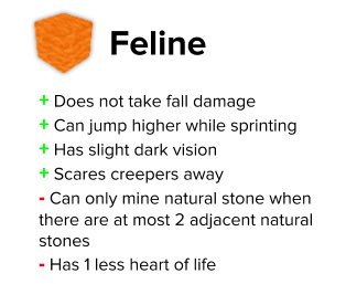 modsmpupdates's tweet photo. JAMES MARRIOTT - FELINE
↳ never take fall damage
↳ higher jumps while sprinting
↳ creepers are scared of him
↳ can see better in the dark
↳ only 9 hearts
↳ with no strength potion, can only mine natural stone if there are at most 2 other natural stone blocks adjacent https://t.co/crHbrCF9yW