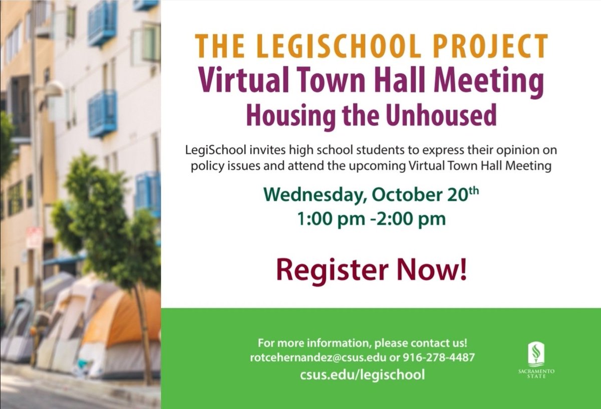 Join us on Wednesday, October 20th from 1-2pm for our Town Hall on housing and homelessness in California. Moderated BY students FOR students! Check out our registration link for more information on our amazing panelists: csus.zoom.us/webinar/regist…