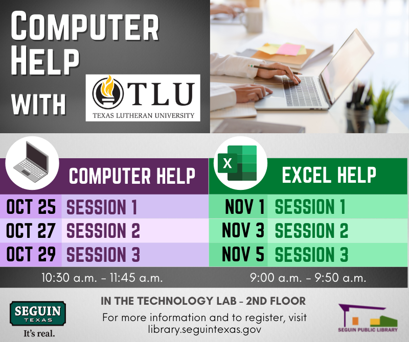 TLU_CSL's tweet photo. Spread the word about these free community computer classes in partnership with TLU and the Seguin Public Library! These classes are free and open to the public, but do require registration. Learn more at https://t.co/EuXr4PWKdo. https://t.co/woyQNgIrF4