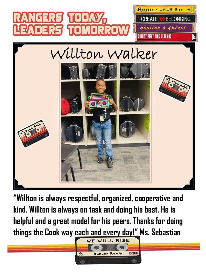 CookRangers's tweet image. Congratulations to our Staff and Student Rangers of the Week:  Willton Walker, John Bentley, Aubrey Peters, and Ms. Marina Shimer!