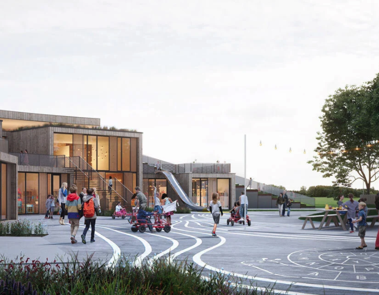 Fix_Our_Schools's tweet photo. Denmark breaks ground on new elementary school featuring "monumental green roof which will sculpturally integrate into its natural context with a gradually sloping form." #schooldesign #ONclimate https://t.co/T9WtfehPA3 https://t.co/XOaOxIQsMH