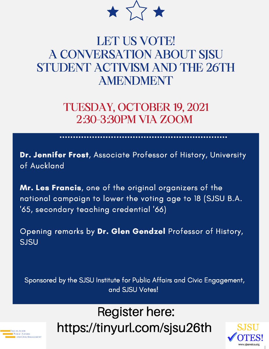 SJSUvotes's tweet photo. Join us for a great event on the 26th Amendment tomorrow. Celebrate the activism by SJSU alumni!
Register here https://t.co/ozsfEHaeba
#sjsuvotes @SpartanDaily @as_sjsu @sjsucoss @PrezPapazian @VDelCasino @DiversitySJSU @discoversjsu @sanjosestateBF @IpaceSjsu https://t.co/96ixPxJ9aO