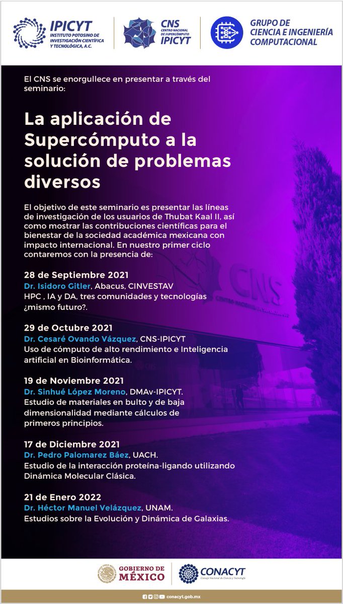 El CNS se enorgullece en presentar el Ciclo de Seminarios: La aplicación de Supercómputo a la solución de problemas diversos.

  ¡No te pierdas ningún seminario!
  Transmisiones en vivo en Facebook Live IPICYT
#IPICYT #CNS #GCIC