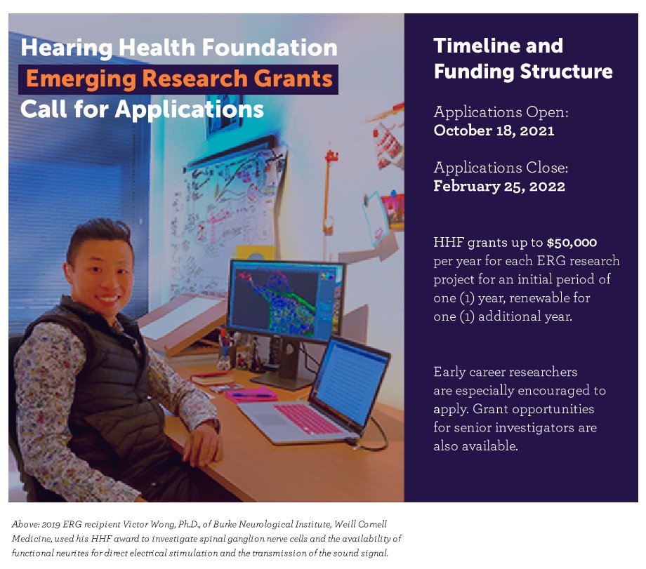HHF opens applications! Emerging #Research #Grants: Apply to earn seed money for your #innovative approaches to #hearingresearch and #balanceresearch See hhf.org/how-to-apply and hhf.org/erg #fundingopportunities #otolaryngology #hearingscience #postdocs #tinnitus