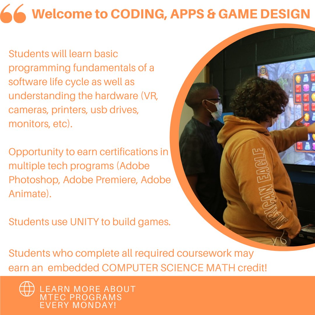 wvmtec's tweet photo. Today's spotlight features our Coding, Apps, and Game Designs program! This two year program prepares students to work in the tech industry, giving them the skills to design and create their own apps & games while teaching them to code! To learn more, visit our website!#GoToMTEC https://t.co/zhrSgtYQ4j