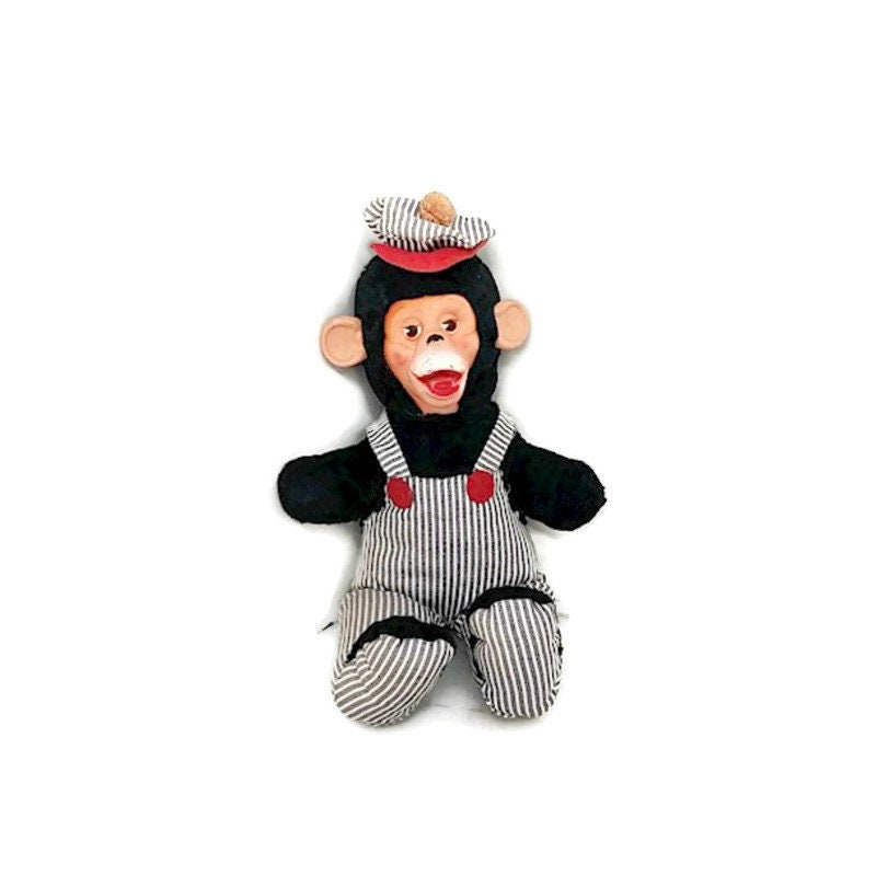 JunkYardBlonde's tweet photo. Vintage Rubber Face Chimp in Overalls, Mr. Bim 1950s https://t.co/KFRqqqNUbz #monkey #rubberface #rubberfaceplush #mrbim #chimp #chimpplushie #monkeyplush #stuffedmonkey #conductorhat https://t.co/KUG4JXimGe