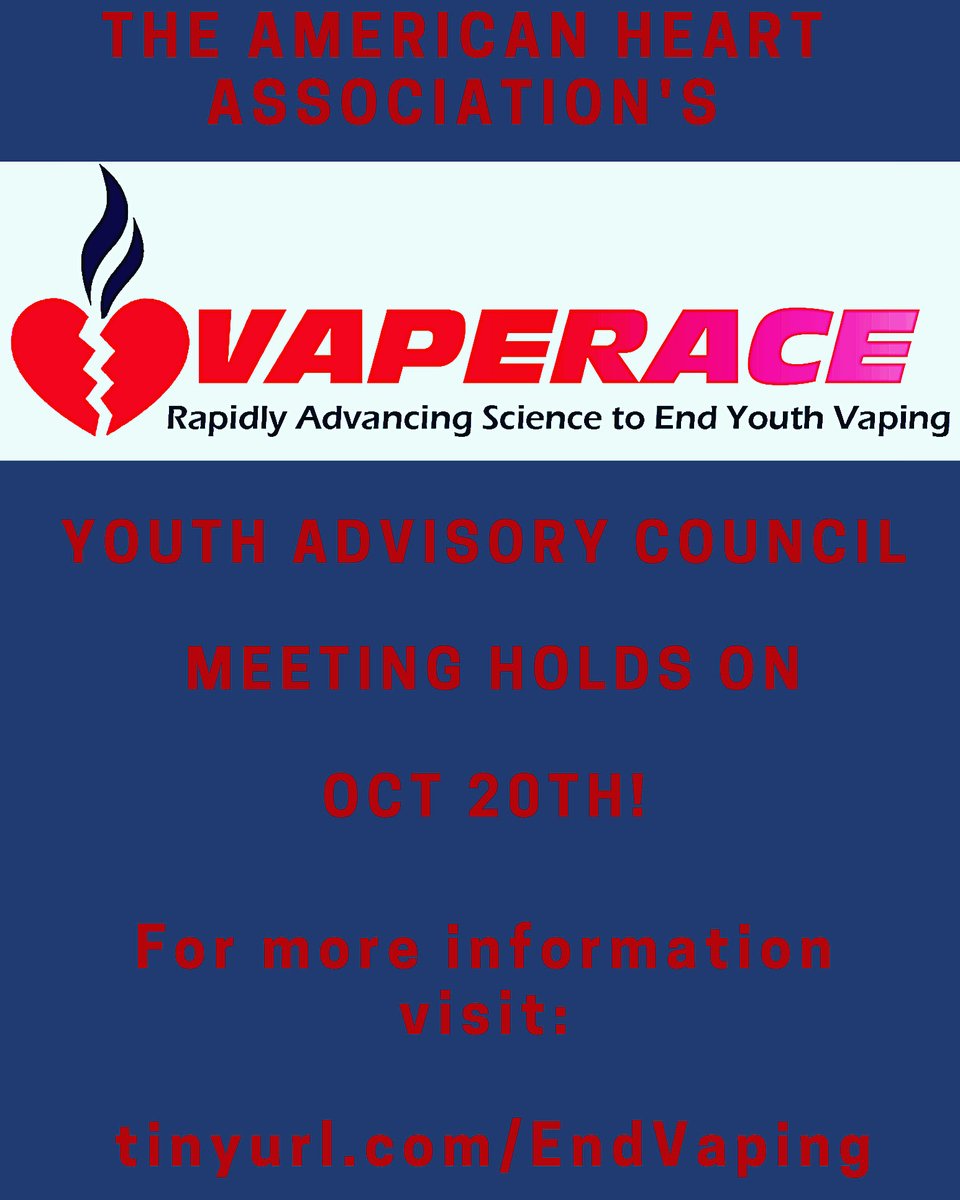 VAPERACE_Center's tweet photo. Vaperace Center’s Youth Advisory Council meeting holds on Wednesday Oct 20th!. #vaperace #aha #endyouthvaping https://t.co/Fy91VZduDy