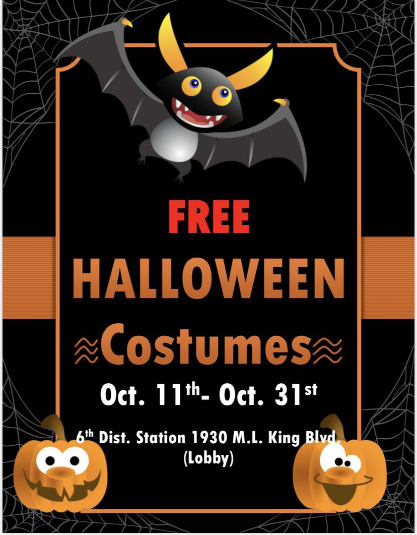 NOPDNews's tweet photo. Free Halloween costumes are available for ages 6 months &amp; up at the Sixth District station (1930 Martin Luther King Jr. Blvd) now until Oct. 31st. Stop by between 10 a.m.- 4 p.m. to grab a costume or two! See more details below. 🎃👻 https://t.co/SYgT5jC3Nl