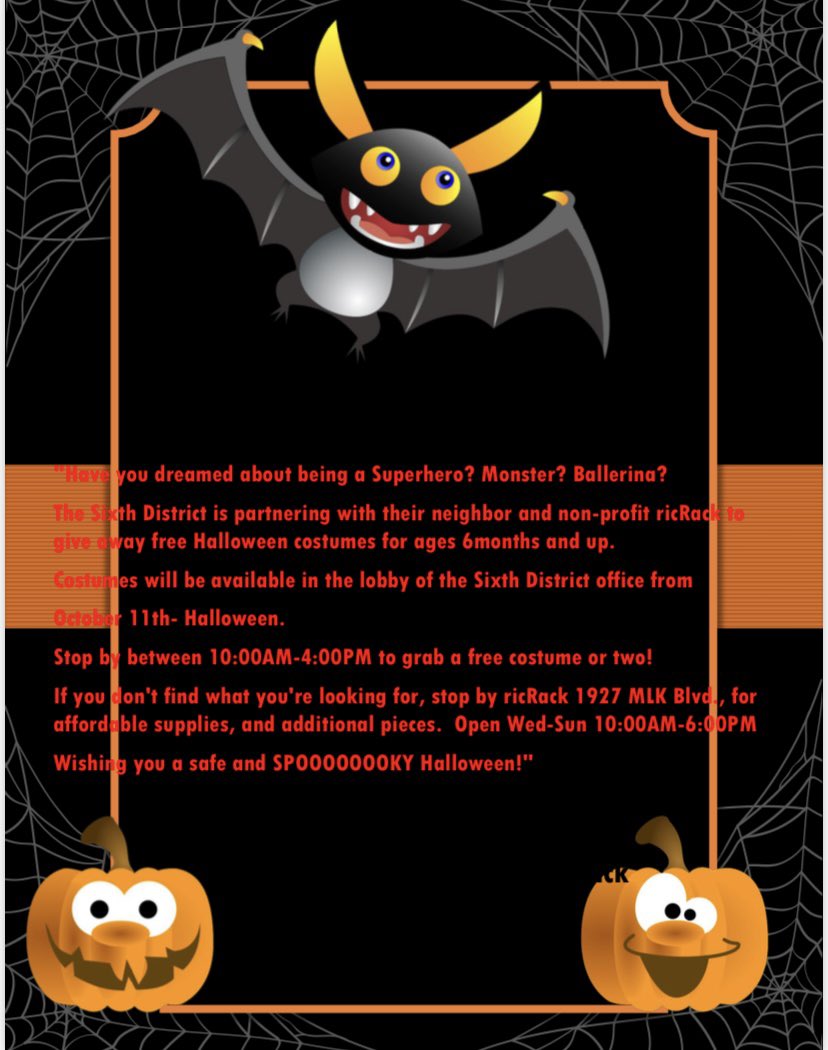 NOPDNews's tweet photo. Free Halloween costumes are available for ages 6 months &amp; up at the Sixth District station (1930 Martin Luther King Jr. Blvd) now until Oct. 31st. Stop by between 10 a.m.- 4 p.m. to grab a costume or two! See more details below. 🎃👻 https://t.co/SYgT5jC3Nl