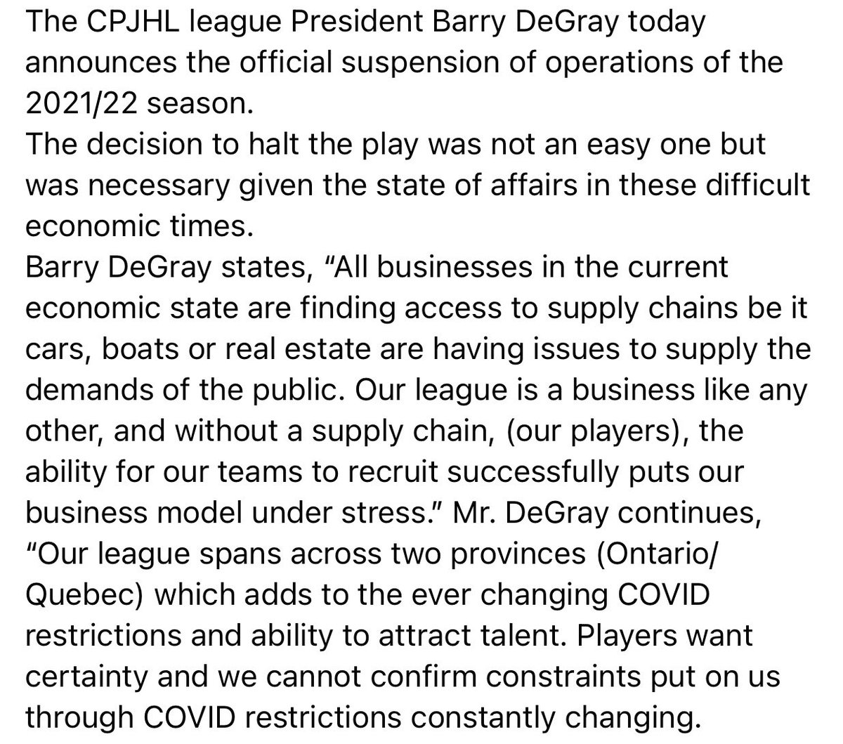 CPJHL's tweet photo. A statement from the #CPJHL on the 2021-22 season: https://t.co/NnfLN4YuCm
